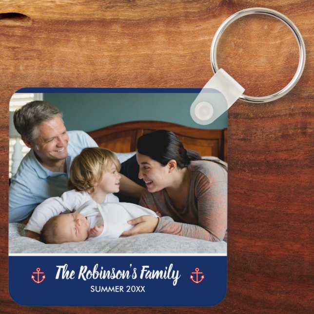 Custom Family Photo Nautical Marine Navy Blue Key Ring (Back)