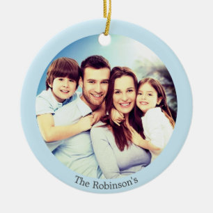 Custom Family Photo on Light Blue Personalised Ceramic Ornament