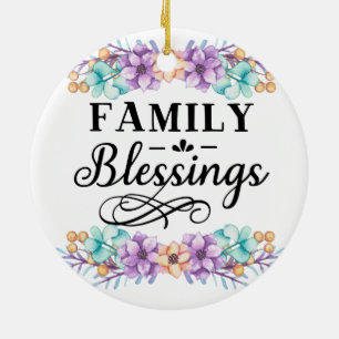 Custom Family Photo - Pink Floral Family Blessings Ceramic Ornament