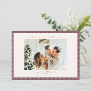 Custom Family Photo Plum Mauve Gingham Christmas Holiday Card