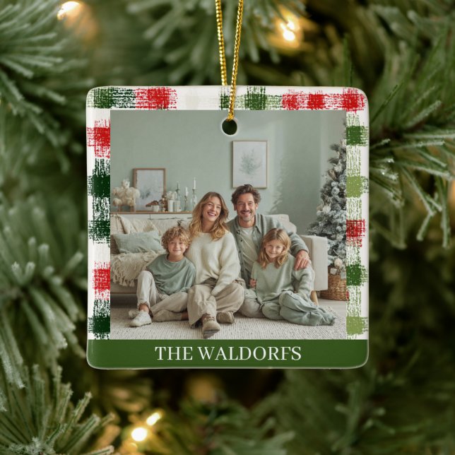 Custom Family Photo Red and Green Plaid Ornament (Tree)