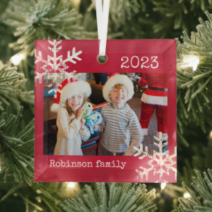 Custom Family Photo Red Holiday Snowflake Keepsake Glass Tree Decoration