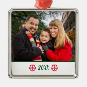 Custom Family Photo Red Snowflake Christmas Metal Ornament