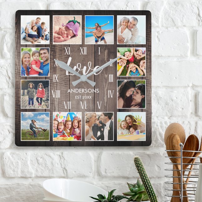 Custom Family Photo Rustic Farmhouse Love Roman Square Wall Clock (Creator Uploaded)