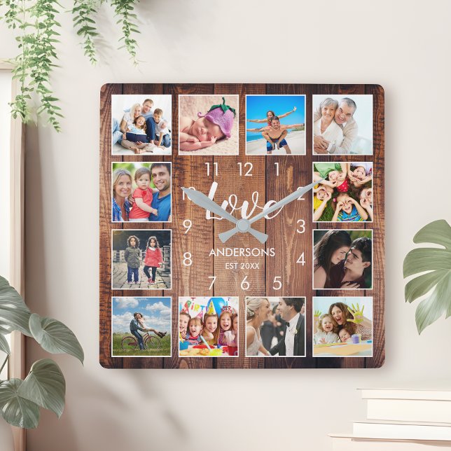 Custom Family Photo Rustic Farmhouse Love Script Square Wall Clock (Creator Uploaded)