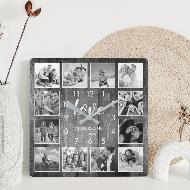 Custom Family Photo Rustic Farmhouse Love Script Square Wall Clock (Creator Uploaded)