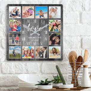 Custom Family Photo Rustic Farmhouse Love Script Square Wall Clock