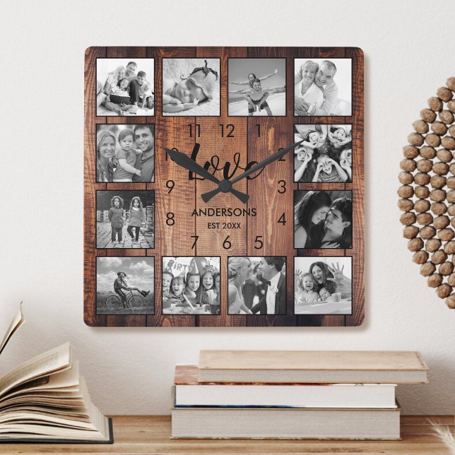 Custom Family Photo Rustic Farmhouse Love Script Square Wall Clock (Creator Uploaded)