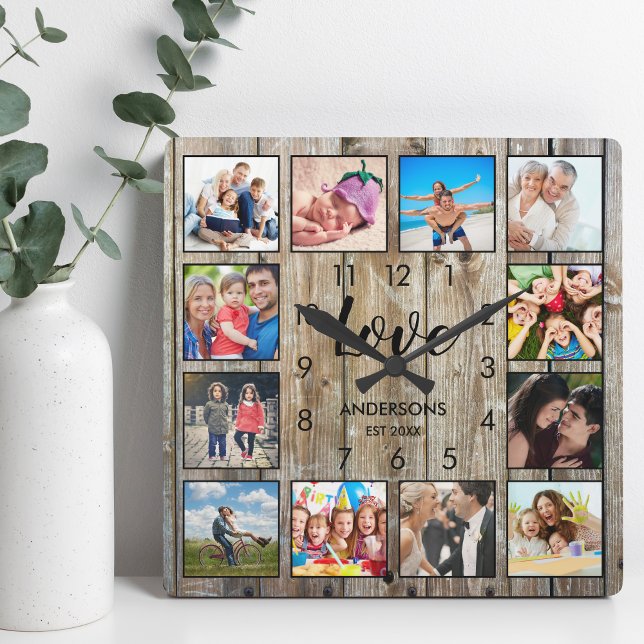 Custom Family Photo Rustic Farmhouse Love Script Square Wall Clock (Creator Uploaded)