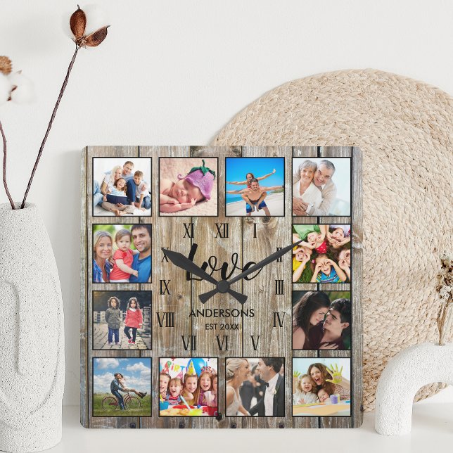 Custom Family Photo Rustic Farmhouse Love Script Square Wall Clock (Creator Uploaded)