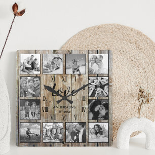 Custom Family Photo Rustic Farmhouse Love Script Square Wall Clock