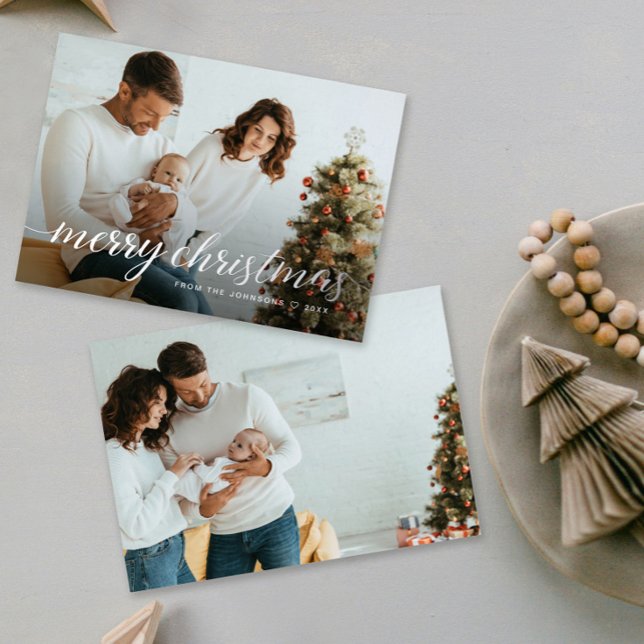 Custom Family Photo Silver Foil Merry Christmas Foil Holiday Card (Custom family photos silver foil Merry Christmas script holiday card.)
