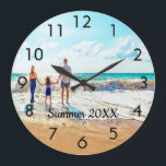 Custom family photo summer vacation text large clock<br><div class="desc">Add Your own favourite photo from a summer vacation,  travel,  kids,  wife,  girlfriend/boyfriend or pet.  Black numbers.  Personalise and add your text,  black letters.</div>