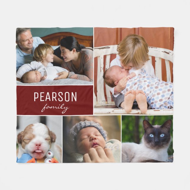 Custom Family Photo Tapestry with Dark Red Accent Fleece Blanket (Front (Horizontal))