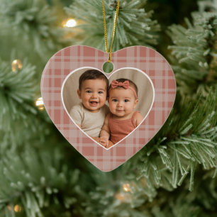 Custom Family Photo Terracotta Beige Plaid Holiday Ceramic Ornament