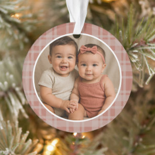 Custom Family Photo Terracotta Beige Plaid Holiday Ornament