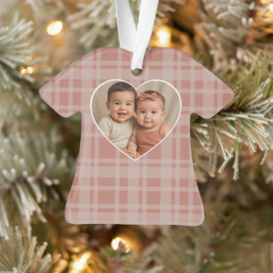 Custom Family Photo Terracotta Beige Plaid Holiday Ornament