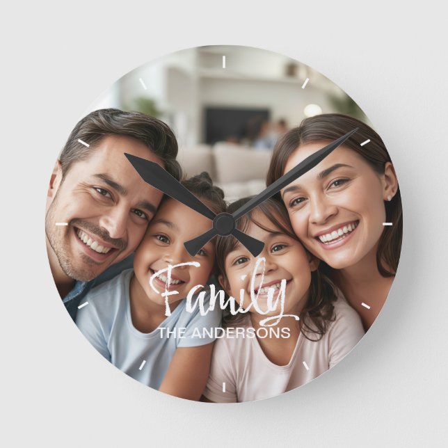 Custom Family Photo Trend Script Name Personalized Round Clock (Front)