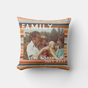 Custom family photo typography boho retro stripes cushion