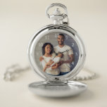 Custom Family Photo White Numbers Pocket Watch<br><div class="desc">Turn a family photo into a treasured keepsake. This pocket watch features simple white sans serif numbers surrounding space for your favourite photograph. Easily replace the sample image with your own.</div>