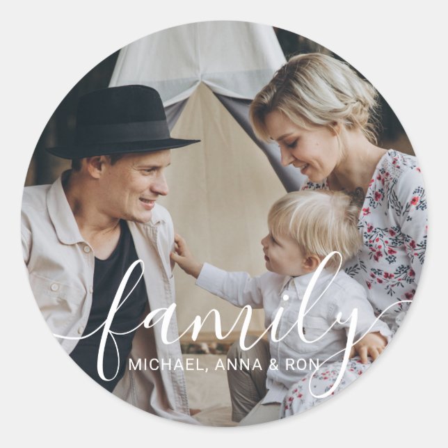 Custom family photo with custom name classic round sticker (Front)