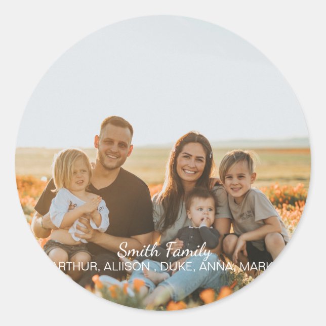 Custom family photo with custom names      classic round sticker (Front)