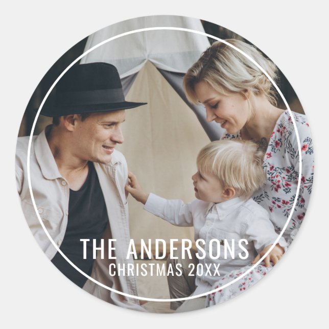 Custom family photo with family name classic round sticker (Front)