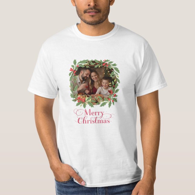 Custom Family Photo Wreath Merry Christmas T-Shirt (Front)