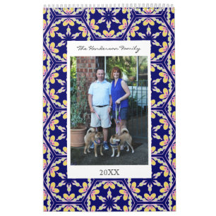 Custom Family Photos   Blue Spanish Tile Pattern Calendar