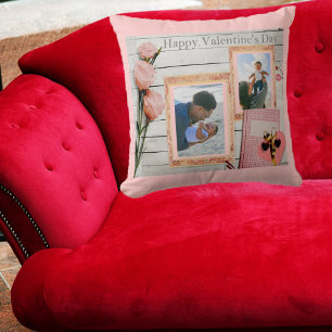 Custom Family Photos Rustic Valentines Pink Roses Cushion