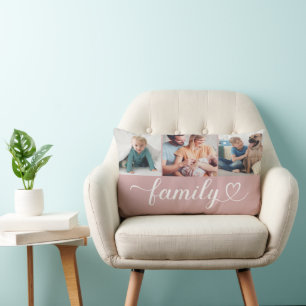 Custom Family Pink Heart Script 3 Photo Collage Lumbar Cushion