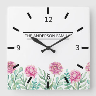 Custom Family Pink Peonies Floral Square Wall Clock