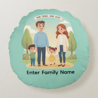 Custom Family Portrait Our Tribe Our Love Round Cushion