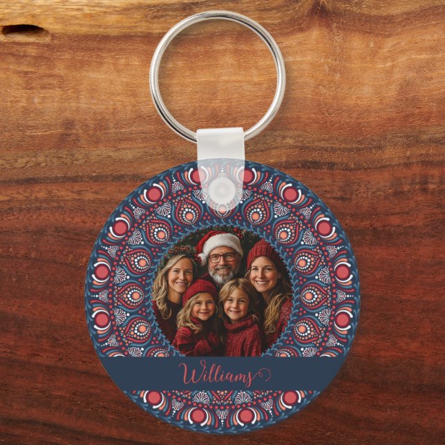 Custom Family Portrait Russet Christmas Mandala Key Ring (Front)