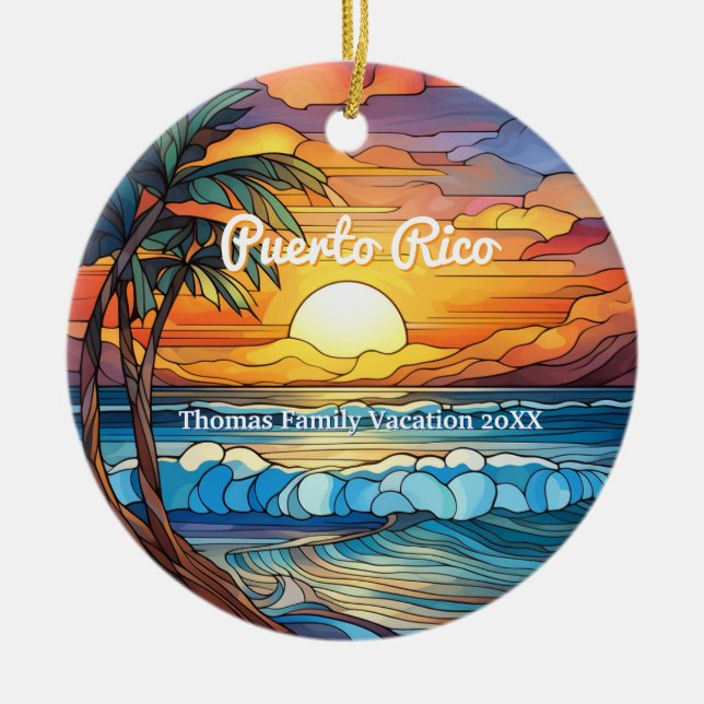 Custom Family Puerto Rico Trip Faux Stained Glass Ceramic Ornament (Front)