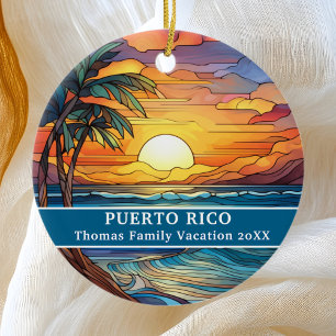 Custom Family Puerto Rico Trip Faux Stained Glass Ceramic Ornament