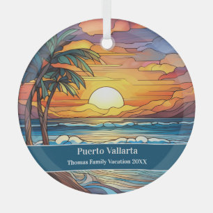 Custom Family Puerto Vallarta Beach Vacation Glass Tree Decoration