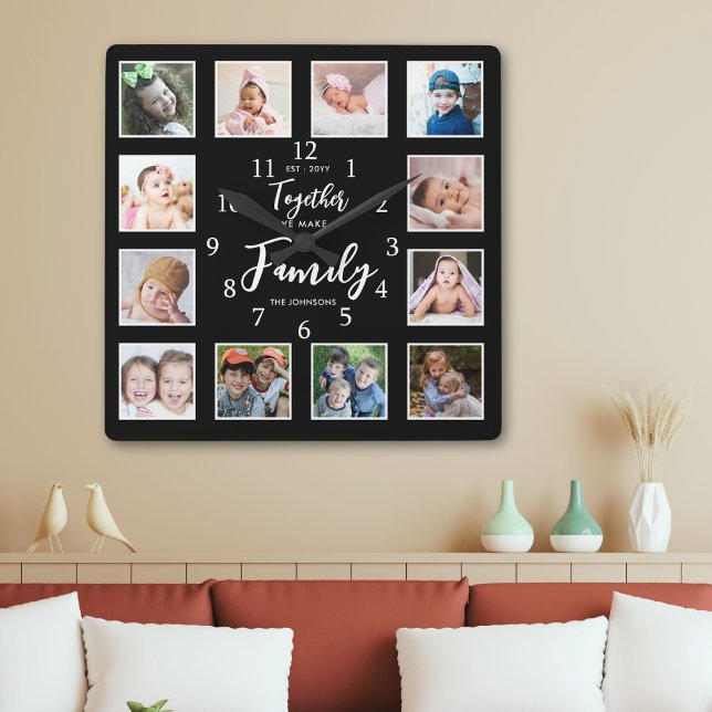Custom Family Quote 12 Photo Collage Black Square Wall Clock (Creator Uploaded)