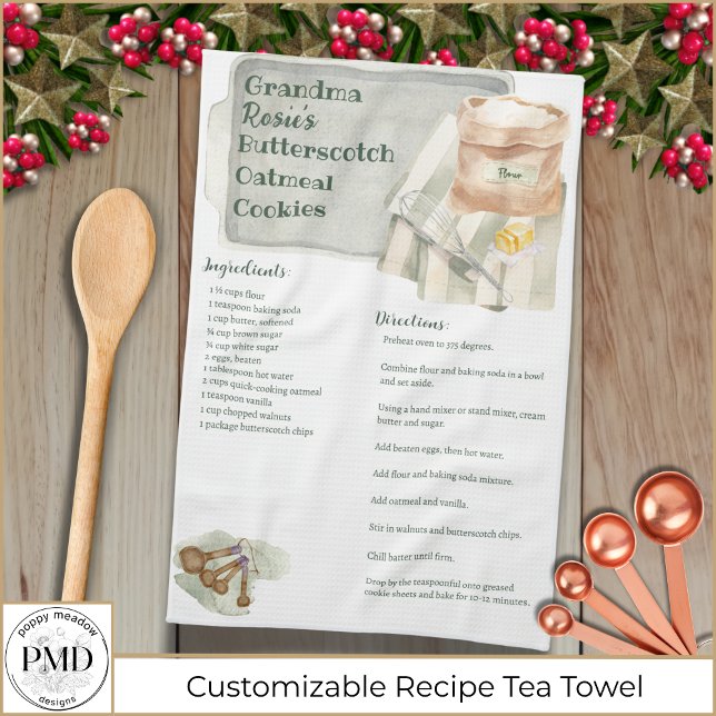 Custom Family Recipe Keepsake Rustic Baking Tea Towel (Custom Cookie Towel with her name, title, and favorite recipe. Great gift from Grandma or Mom!)
