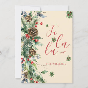 Custom Family Red Floral Pattern Fa La La Holiday Card