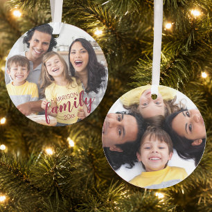 Custom FAMILY Red Script 2 Photo Keepsake Ornament