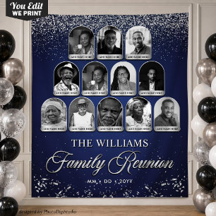 Custom Family Reunion Banner, 12 Photo Blue Silver Tapestry