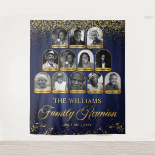 Custom Family Reunion Banner, 12 Photo Navy Gold Tapestry