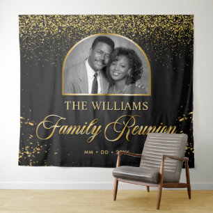 Custom Family Reunion Banner, 1 Photo Black Gold Tapestry