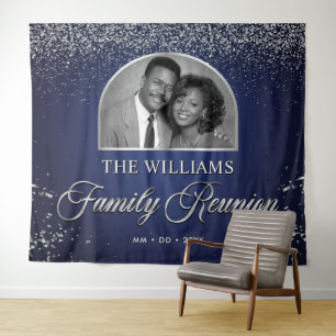 Custom Family Reunion Banner, 1 Photo Blue Silver  Tapestry
