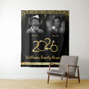Custom Family Reunion Banner, 2 Photo Black Gold Tapestry
