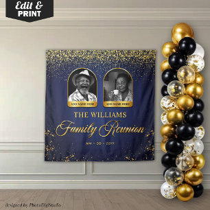 Custom Family Reunion Banner, 2 Photo Blue Gold Tapestry