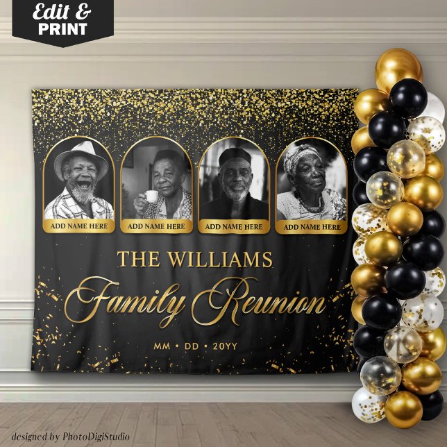 Custom Family Reunion Banner, 4 Photo Black Gold Tapestry (Custom Family Reunion Banner, 4 Photo Black Gold Tapestry)