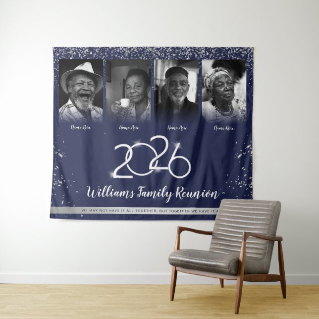 Custom Family Reunion Banner, 4 Photo Blue Silver  Tapestry (In Situ (Horizontal))