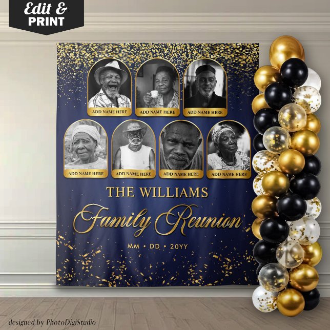 Custom Family Reunion Banner, 7 Photo Blue Gold Tapestry (Custom Family Reunion Banner, 7 Photo Blue Gold Tapestry)